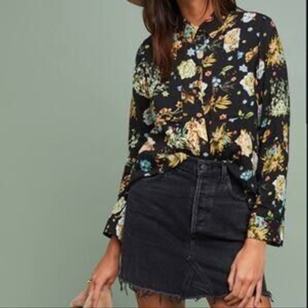 Maeve Anthropologie Woodland Critter Bunny Ladybug Floral Botanical Shirt 12‎